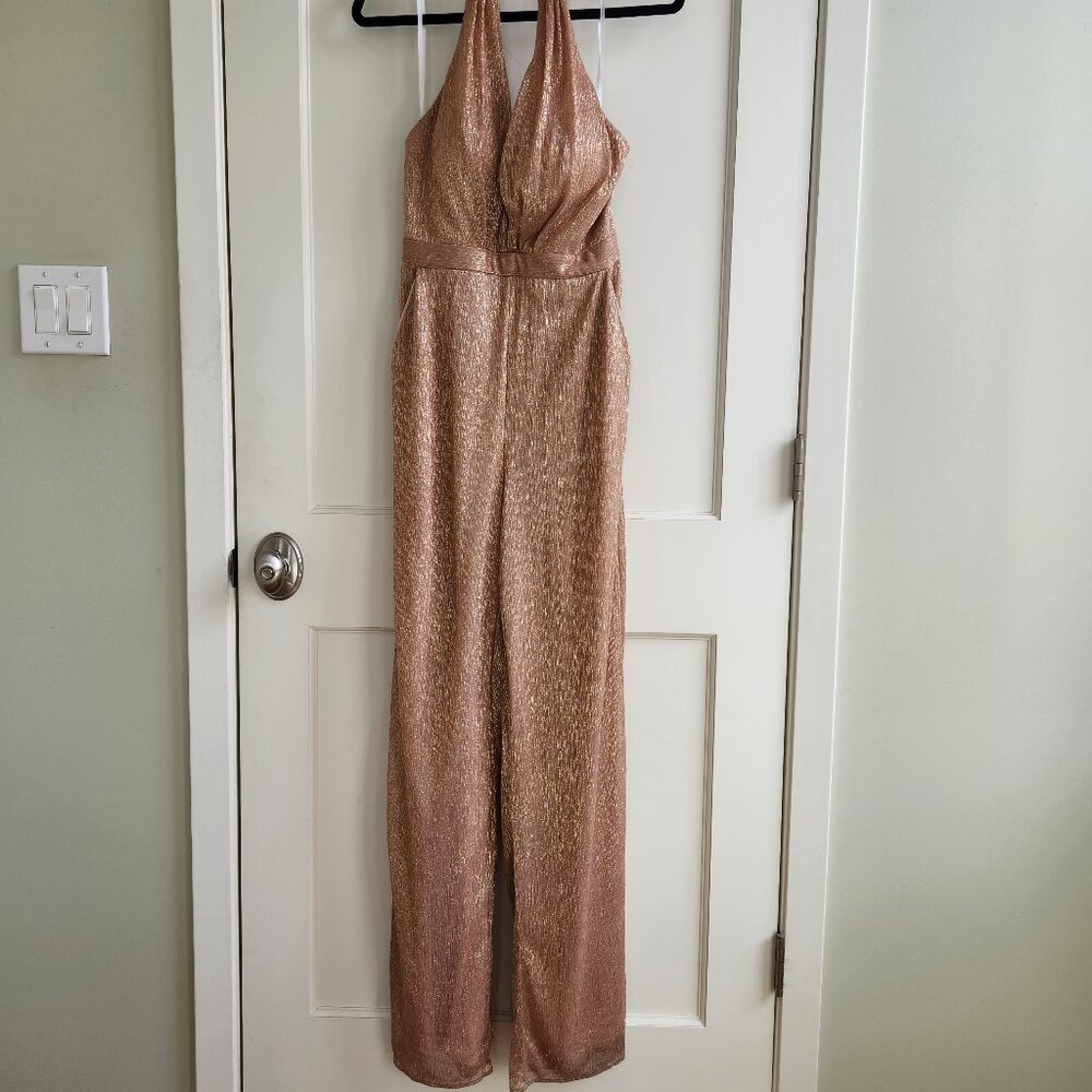 BHLDN Rose Gold Metallic Halter Jumpsuit Wide Leg Formal Wedding Guest Size 10
